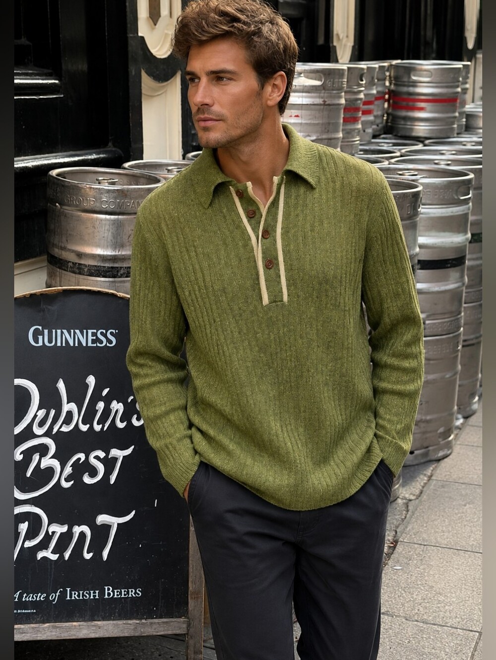 Thane 100% Wool Men's Olive Green V-Neck Collared Knit Sweater Size Extra Large